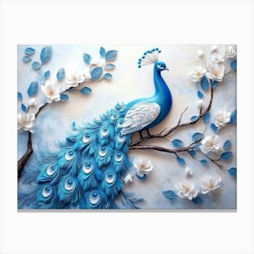 3d Background Blue Peacock On Branch 1 Canvas Print