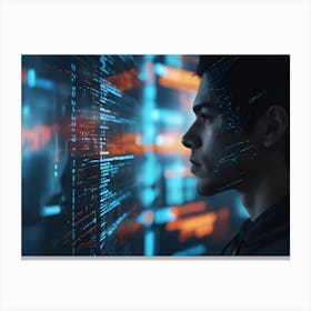 Young Man In Profile Looking At A Futuristic Transparent Display Screen With Lines Of Code And Digital Data 1 Canvas Print