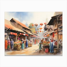 Asian Market Paintings Art Print 1 Canvas Print