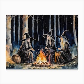 Witches Gather Round The Fire ~ Witchy Spellcasting Spooky Fairytale Watercolour  Canvas Print