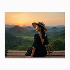 Evening View Of An Asian Woman Perched Solo On A Wooden Terrace Decked In A Summer Hat Her Black At (6) Canvas Print