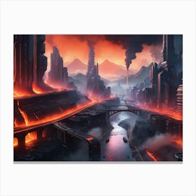 Cyberpunk city with lava and river 8 Canvas Print