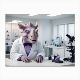 A Purple Dinosaur Wearing A Lab Coat And A Bow Tie, Sitting At A Desk With A Microscope Canvas Print