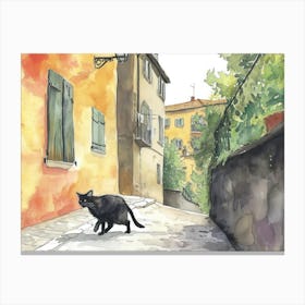 Black Cat In Udine, Italy, Street Art Watercolour Painting 2 Canvas Print