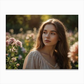 Beautiful Girl In A Field Of Flowers Canvas Print