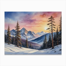 A Tranquil Winter Wonderland Sunset In The Mountains Canvas Print