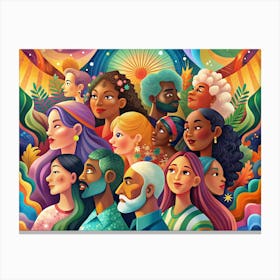 Diverse Group Of People In A Colorful Abstract Illustration Canvas Print