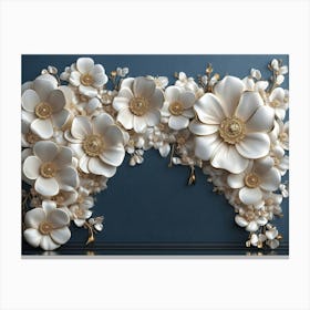 3d Artwork Illustration White and Blue Background with Golden Jewelry and Flowers 2 Canvas Print