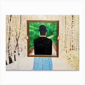 Woman In Winter Holding Painting Of Man In Summer In Same Setting Canvas Print