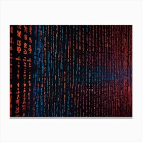 Abstract Pattern Of Numbers And Symbols In Red And Blue, Resembling A Digital Code Or Matrix Canvas Print