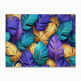 Tropical Colourful Leaves In Blue Green Gold Purple Hand Painted 3d Illustration Floral Seamless Pattern 1 Canvas Print