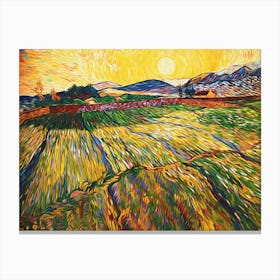 Sunset In The Fields Trees Countryside Painting Canvas Print