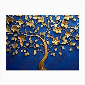 Elegant Gold And Royal Blue Floral Tree Of Life With Seamless Leaves And Flowers Hanging Branches Canvas Print