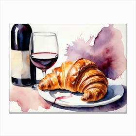 Croissant and Wine watercolor painting 3 Canvas Print