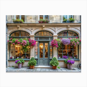 Charming Shopfront With Flowers And A Bicycle In A European City Canvas Print