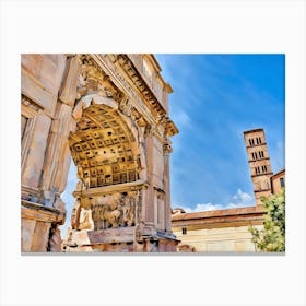 Ancient Roman Ruins. The image depicts the ruins of ancient Roman structures, characterized by tall, weathered columns standing in a grassy archaeological site. The background includes modern buildings and lush vegetation, creating a striking contrast between ancient and contemporary elements. Canvas Print