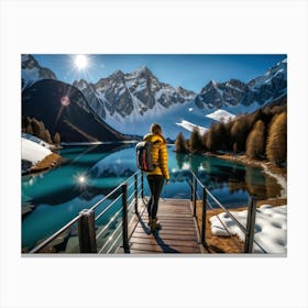 Woman trekking at snowy winter Alps, Rocky Mountains 2 Canvas Print