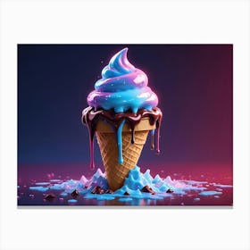 An Ice Cream Cone With Blue And Pink Swirls Of Ice Cream And Chocolate Sauce Dripping Down Is Melting On A Reflective Surface Canvas Print