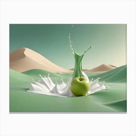 A Green Apple Submerged In A White Milk Splash, Creating A Colorful And Surreal Scene Canvas Print