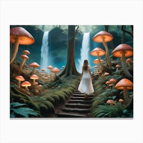 Woman Walking Through A Mystical Forest With Glowing Mushrooms And A Waterfall 3 Canvas Print