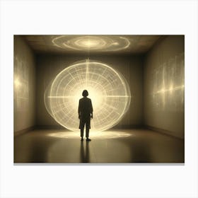 A Woman In Silhouette Stands In A Room Facing A Glowing, Circular Portal With Light Radiating Outwards 1 Canvas Print