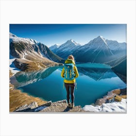 Woman trekking at snowy winter Alps, Rocky Mountains 9 Canvas Print