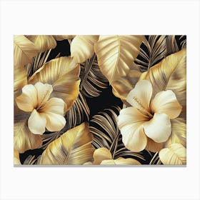 Tropical Seamless Pattern with Golden Vintage Palm Leaves, Hibiscus Flowers, Banana Leaves Canvas Print