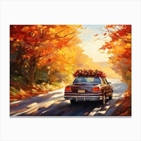 Autumnal Landscape Autumnal Leaves Cascading Down As A Car Adorned With Holiday Wreaths And Ribbon (1) Canvas Print