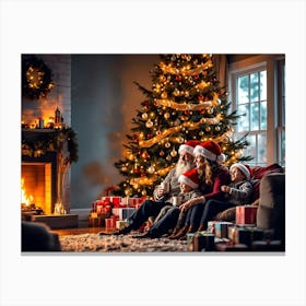 Christmas Family In Front Of Christmas Tree Canvas Print