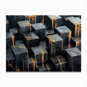 3d Art Golden Lines and Pattern Cubes on Black Marble Canvas Print