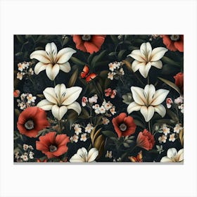 Floral Seamless Pattern with Flowers, Leaves, Butterflies Canvas Print