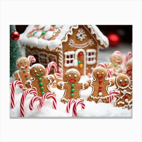 Gingerbread Men With Smiling Faces Befriending Each Other Amidst A Landscape Sprinkled With Gumdrop Canvas Print