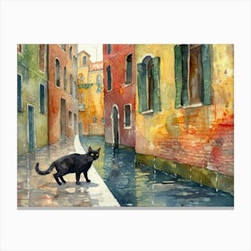 Black Cat In Venice, Italy, Street Art Watercolour Painting 4 Canvas Print