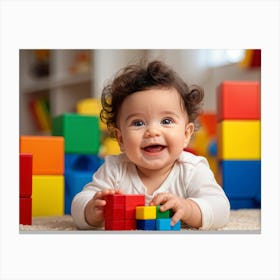 Baby Smiling Engaging With Vibrant Blocks Of Primary Colors Soft Focus Background Enhancing The Ch (7) Canvas Print