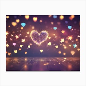 A Sparkling Heart Shaped Light Floats Above A Wooden Surface, Surrounded By A Scattering Of Colorful Hearts And Stars Canvas Print