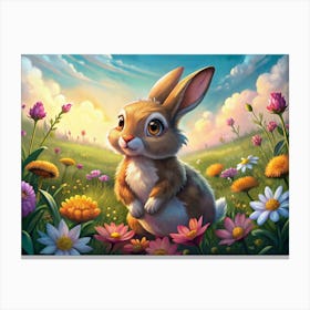 A Cute Bunny Rabbit Standing In A Field Of Colorful Wildflowers, Looking Up At The Sun Canvas Print