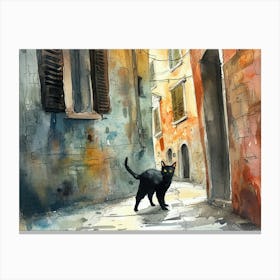 Black Cat In Trieste, Italy, Street Art Watercolour Painting 2 Canvas Print