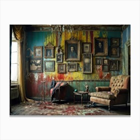 Interior Of A Vintage Horror Inspired Room With Rainbow Hued Aged Grunge Wallpaper Peeling Away To (3) Canvas Print