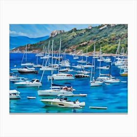 Serene Seascape Escape. The image depicts a tranquil coastal scene featuring a small, lush island surrounded by clear blue waters. Several boats are anchored nearby, and a person is seen riding a jet ski, leaving a trail of white foam behind. The sky is clear, enhancing the vibrant blue hues of the sea and sky, creating a picturesque and serene atmosphere. 2 Canvas Print