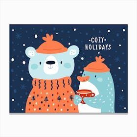 Cozy Holidays Bear and Penguin Christmas Canvas Print