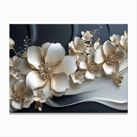 3d Artwork Illustration White And Blue Background With Golden Jewelry And Flowers 1 Canvas Print