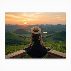 Evening View Of An Asian Woman Perched Solo On A Wooden Terrace Decked In A Summer Hat Her Black At (2) Canvas Print