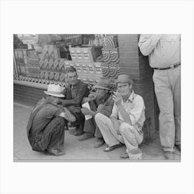 Farmers Squatting On Sidewalk, Caruthersville, Missouri By Russell Lee Canvas Print