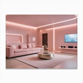 A Modern Living Room Interior With A Pink Sofa, A Gold Coffee Table, And Pink Accent Lighting, Creating A Feminine And Stylish Atmosphere Canvas Print