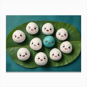 Arrangement Of Cute Rice Balls On A Green Leaf With One Unique Blue Rice Ball 1 Canvas Print