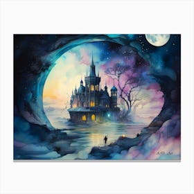 Watercolor Painting of a mystic Castle at a Lost Place by Night seen trough a hidden Portal Canvas Print