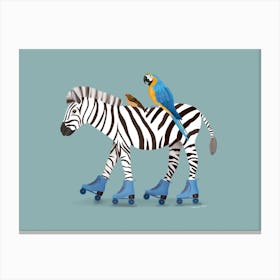 Roller Skating Zebra With Macaw Parrot Canvas Print