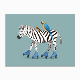 Roller Skating Zebra With Macaw Parrot Canvas Print