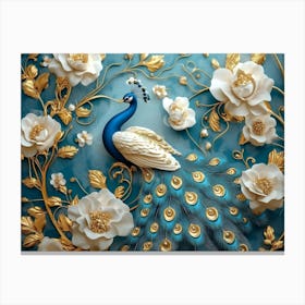 3d Peacock Illustration Background With Golden Jewelry And Flowers 4 Canvas Print