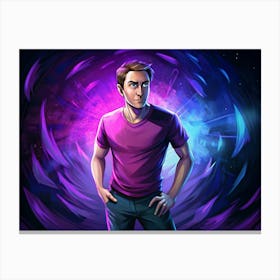 Man Standing In A Pink Shirt In Front Of A Purple And Blue Cosmic Background Canvas Print